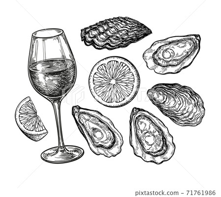 Ink sketch of wineglass and oysters. 71761986