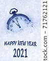 Happy New year 2021, 2021 New Year greeting card  in English language, pocket watch in snow, countdown to midnight 71762121