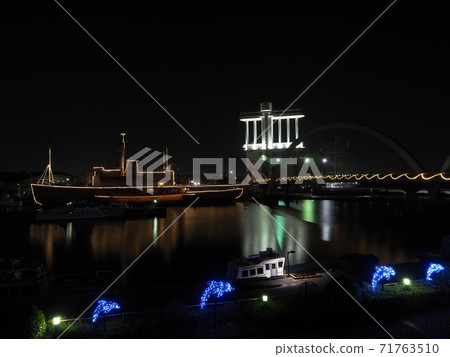 Nagoya Port Building and Antarctic Observation Ship Fuji at night Nagoya Port Building and Antarctic Observation Ship Fuji at night 71763510
