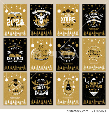 Set of Merry Christmas and 2021 Happy New Year poster, flyer, greeting cards. Set quotes with snowflakes, antler, gift, christmas pickup. Vector Vintage typography design for xmas, new year emblem Set of Merry Christmas and 2021 Happy New Year poster, flyer, greeting cards. Set quotes with snowflakes, antler, gift, christmas pickup. Vector Vintage typography design for xmas, new year emblem 71765071