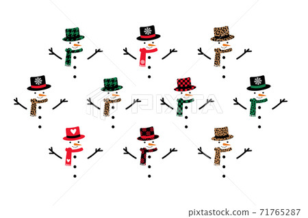 Snowman with hat, scarf, carrot and face. No bodies. Vector drawing set isolated on white in funny Snowman with hat, scarf, carrot and face. No bodies. Vector drawing set isolated on white in funny 71765287