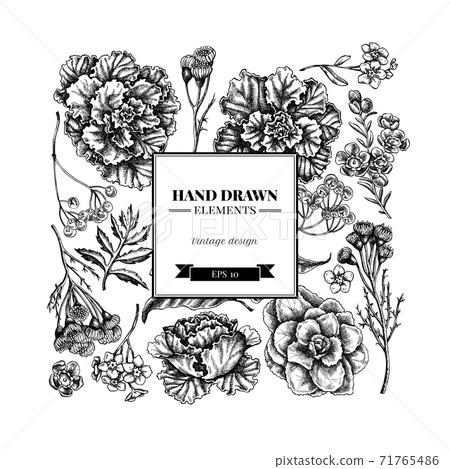 Square floral design with black and white wax flower, forget me not flower, tansy, ardisia, brassica Square floral design with black and white wax flower, forget me not flower, tansy, ardisia, brassica 71765486