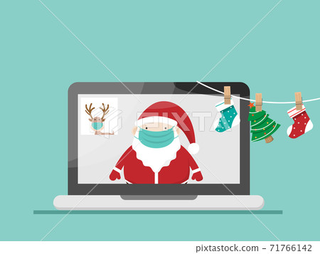 santa claus and reindeer wearing surgical mask anc contact with video conference 71766142