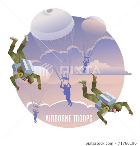 Airborne troops on mission. Background of the clouds sky at sunset. Illustration isometric icons on isolated background Airborne troops on mission. Background of the clouds sky at sunset. Illustration isometric icons on isolated background 71766190