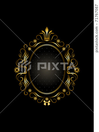 Gold ornament with beads and a double round border framed by original swirling ribbons on black striped background Gold ornament with beads and a double round border framed by original swirling ribbons on black striped background 71767087