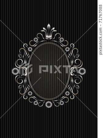 Silver oval frame with flowers and crown around double oval frame on black striped background Silver oval frame with flowers and crown around double oval frame on black striped background 71767088