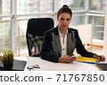 pensive businessman woman in jacket and office 71767850