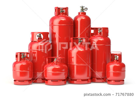 Different types of red gas bottles isolated on white background. Different types of red gas bottles isolated on white background. 71767880