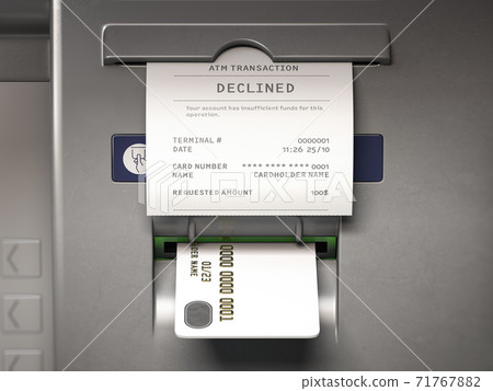 ATM machine and receipt with text declined for insufficient funds on account. ATM machine and receipt with text declined for insufficient funds on account. 71767882