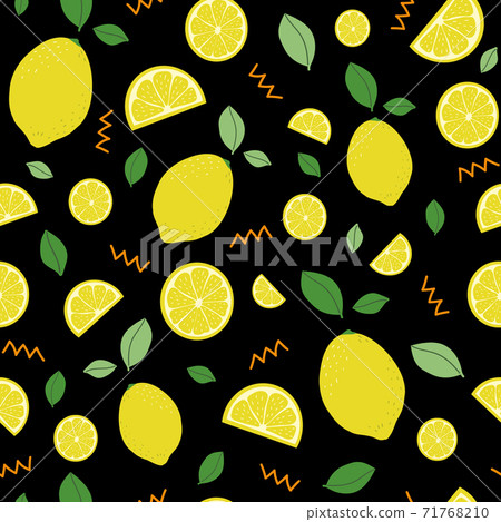 Lemon. Citrus pattern. Seamless pattern on black background. Lemones texture vector. Tropical fruit with hot summer mood. Great for use as decoration thematic banners, cards, prints, textiles, fabric. Lemon. Citrus pattern. Seamless pattern on black background. Lemones texture vector. Tropical fruit with hot summer mood. Great for use as decoration thematic banners, cards, prints, textiles, fabric. 71768210
