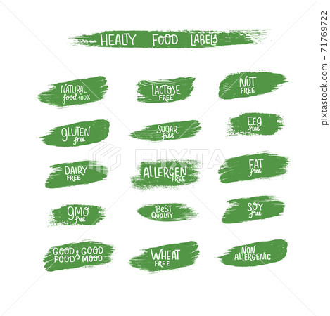 Healthy food label on brush strokes for organic, eco, natural product. Set vector stock illustration isolated on white background. 71769722