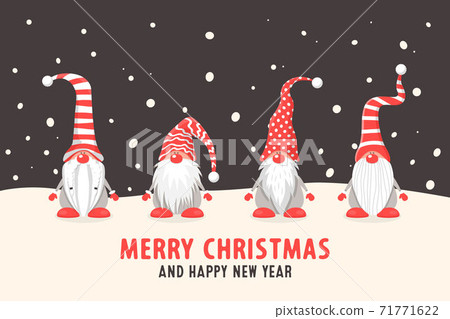 Merry Christmas Postcard. Four Vector Christmas Cute Gnomes with Red Caps in Flat Style on Dark Background. Dwarfs Design Template for Merry Christmas and Happy New Year Card. Cartoon Kids Characters 71771622