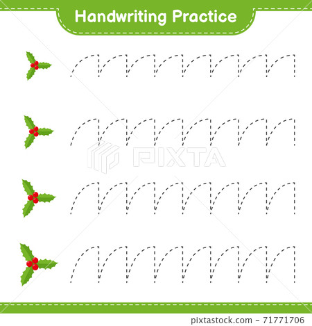 Handwriting practice. Tracing lines of Holly Berries. Educational children game, printable worksheet, vector illustration Handwriting practice. Tracing lines of Holly Berries. Educational children game, printable worksheet, vector illustration 71771706