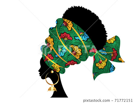 portrait beautiful African woman in traditional turban handmade tribal motif wedding flowers, Kente head wrap African with ethnic earrings, black women Afro curly hair, vector silhouette isolated  71772151