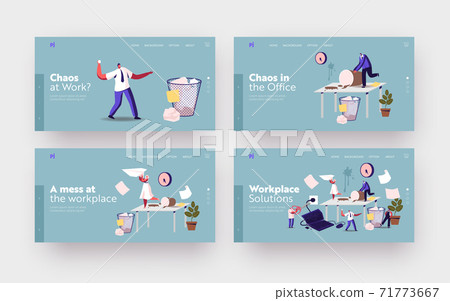 Anxious Business Characters in Chaos Workplace Landing Page Template Set. Deadline, Stressed Workers Hurry with Job 71773667