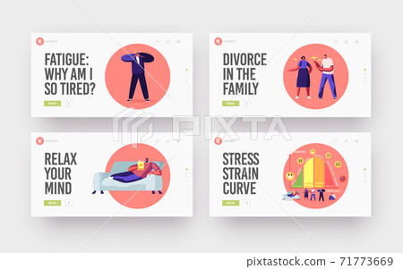 Tiny Characters at Huge Stress Curve with Levels Landing Page Template Set. Inactive, Laid Back, Fatigue, Exhaustion 71773669