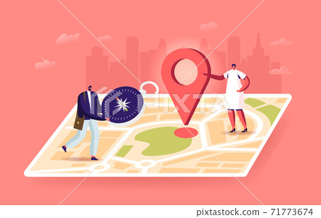 Tiny Characters Orienteering at Huge Paper Map. Man with Compass Searching Correct Way in Foreign City or Tourist Route 71773674