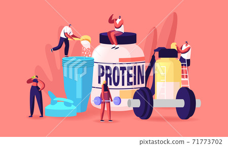 Tiny Characters Drinking Protein Cocktails from Shaker. Sportive Nutrition, Healthy Lifestyle. People Pumping Muscles 71773702