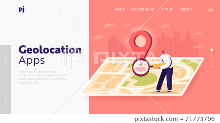 Satellite Geolocation Positioning Landing Page Template. Tiny Male Character with Magnifier at Huge Map Find Correct Way Satellite Geolocation Positioning Landing Page Template. Tiny Male Character with Magnifier at Huge Map Find Correct Way 71773706