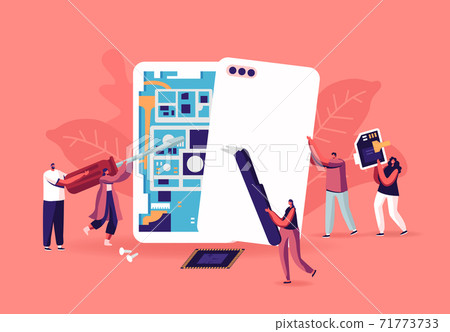 Tiny Male and Female Characters with Instruments Assembling or Repair Huge Smartphones Concept. Men and Women Fix Phone 71773733
