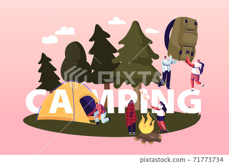 Camping Concept. Characters Spend Time at Summer Camp in Forest. Tourist Set Up Tent, Frying Marshmallow on Campfire Camping Concept. Characters Spend Time at Summer Camp in Forest. Tourist Set Up Tent, Frying Marshmallow on Campfire 71773734