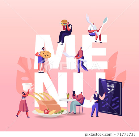 People Visiting Cafe, Hospitality Concept. Tiny Characters around of Huge Menu at Tables Drinking Beverages Eating Meals People Visiting Cafe, Hospitality Concept. Tiny Characters around of Huge Menu at Tables Drinking Beverages Eating Meals 71773735
