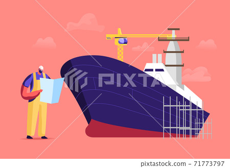 Ship Building and Manufacturing Industry, Shipbuilding. Engineer Male Character Reading Scheme for Assembling Vessel 71773797
