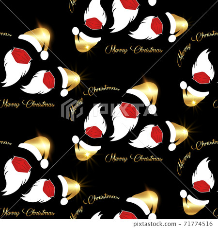 Santa Claus wears red surgical mask with gold hat and white beard, coronavirus protection concept, seamless texture pattern, golden Merry Christmas paper cartoon isolated on black background Santa Claus wears red surgical mask with gold hat and white beard, coronavirus protection concept, seamless texture pattern, golden Merry Christmas paper cartoon isolated on black background 71774516