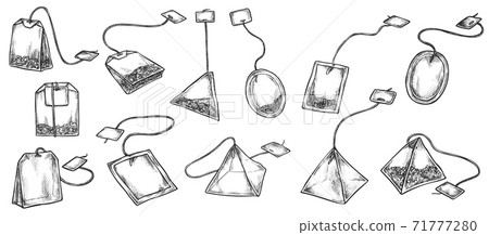 Tea beverage bag with label isolated sketch set Tea beverage bag with label isolated sketch set 71777280