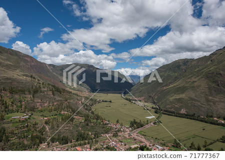 The Sacred Valley and the Inca ruins of Pisac, near Cuzco Peru. The Sacred Valley and the Inca ruins of Pisac, near Cuzco Peru. 71777367