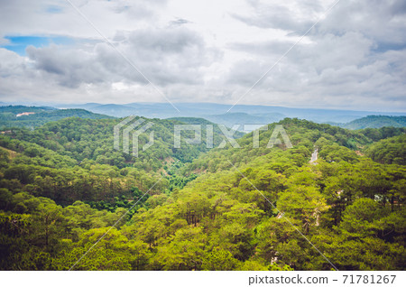 Fantastic landscape of Dalat Mountains, Viet Nam, fresh atmosphere, villa among forest, impression shape of hill and mountain from high view, wonderful vacation for ecotourism in spring Fantastic landscape of Dalat Mountains, Viet Nam, fresh atmosphere, villa among forest, impression shape of hill and mountain from high view, wonderful vacation for ecotourism in spring 71781267