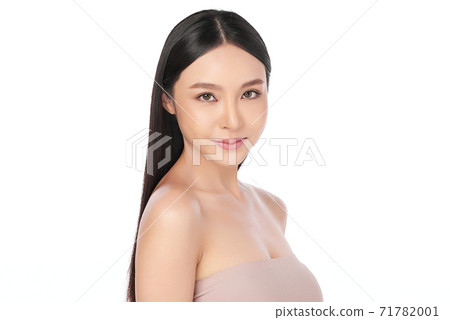 Beautiful young asian woman with clean fresh skin on white background, Face care, Facial treatment, 71782001