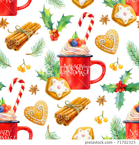 Christmas seamless watercolor pattern. Tasty set of Christmas drinks and sweets.  71782325