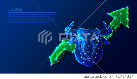 Stock market trend, bull stock with bull head and arrow stroke weight editable. Tech low poly polygonal background. Stock market trend, bull stock with bull head and arrow stroke weight editable. Tech low poly polygonal background. 71784334