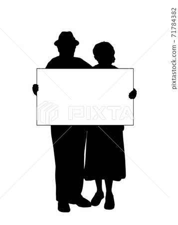 Silhouettes grandparents holds banner placard blank white sheet for text space Silhouettes grandparents holds banner placard blank white sheet for text space 71784382