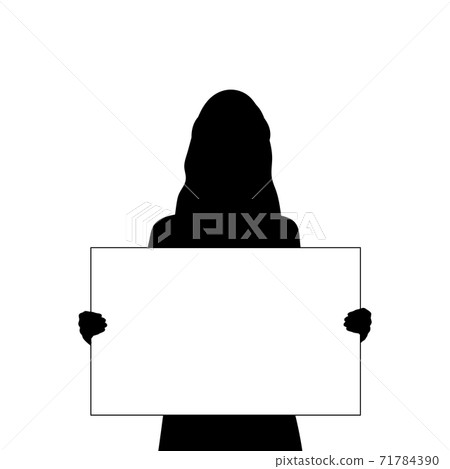 Silhouette woman holds banner placard blank white sheet for text space closeup Silhouette woman holds banner placard blank white sheet for text space closeup 71784390