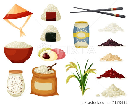Rice cereal spikelet, grain and porridge Rice cereal spikelet, grain and porridge 71784391