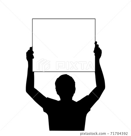 Silhouette men holds banner placard blank white sheet for text space closeup Silhouette men holds banner placard blank white sheet for text space closeup 71784392