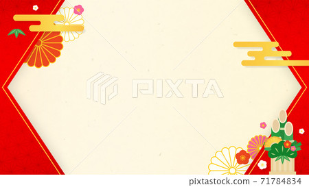 新年的背景基地與門松，紅框，裝飾 71784834