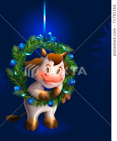 White bull and christmas fir wreath symbol of 2021. Template xmas greeting card new year White bull and christmas fir wreath symbol of 2021. Template xmas greeting card new year 71785168