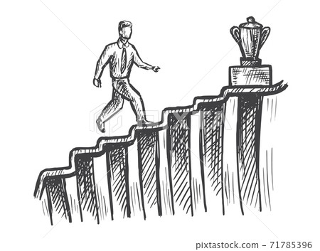 Man walk up stairs to trophy career growth sketch Man walk up stairs to trophy career growth sketch 71785396