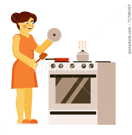 Woman cooking on home kitchen isolated on white 71786307