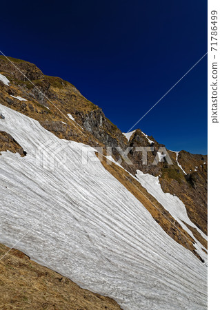 Tanigawadake ridgeline seen from the west black ridge of the remaining snow Tanigawadake ridgeline seen from the west black ridge of the remaining snow 71786499