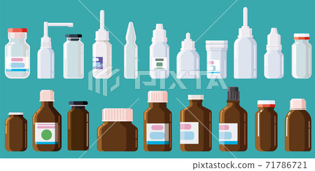 Pharmacy medical set bottles, jars, tubes, sprays, droppers with caps. Glass, plastic. Drugs, vitamin, antibiotic, vaccine. Template mockup packaging design. Vector, isolated, illustration cartoon Pharmacy medical set bottles, jars, tubes, sprays, droppers with caps. Glass, plastic. Drugs, vitamin, antibiotic, vaccine. Template mockup packaging design. Vector, isolated, illustration cartoon 71786721