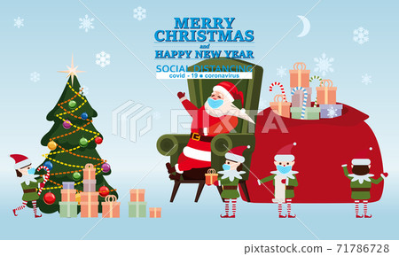 Merry Christmas and Happy New Year Santa Claus with his elf helpers and deers gives gifts to children in his residence. In conditions of the COVID 2019 pandemic in medical masks, Social distancing Merry Christmas and Happy New Year Santa Claus with his elf helpers and deers gives gifts to children in his residence. In conditions of the COVID 2019 pandemic in medical masks, Social distancing 71786728