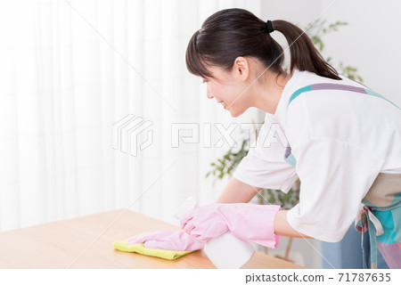 Woman spraying detergent and wiping the table Woman spraying detergent and wiping the table 71787635