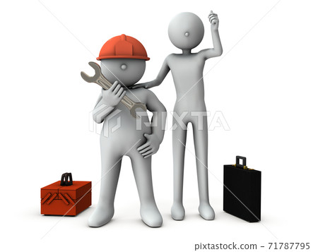 Well-built craftsmen and tall sales staff. White background. 3D rendering. Well-built craftsmen and tall sales staff. White background. 3D rendering. 71787795