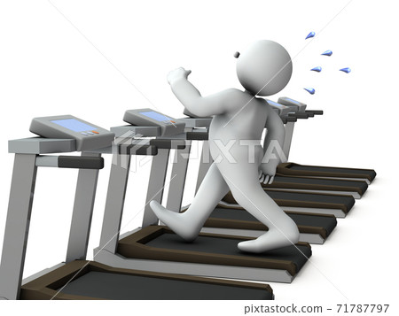 An obese man who runs painfully on a treadmill. White background. 3D rendering. An obese man who runs painfully on a treadmill. White background. 3D rendering. 71787797