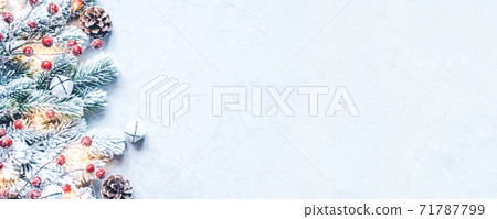 Christmas background of snow-covered branches with berries. 71787799