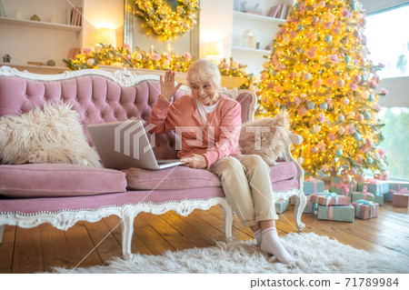 Senior woman sitting on a sofa and having a video chat 71789984